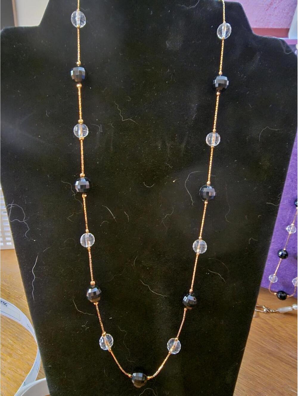 Vintage Trifari 2-Necklace Set 28" & 22" Gold Tone Black & Clear Beaded Chains